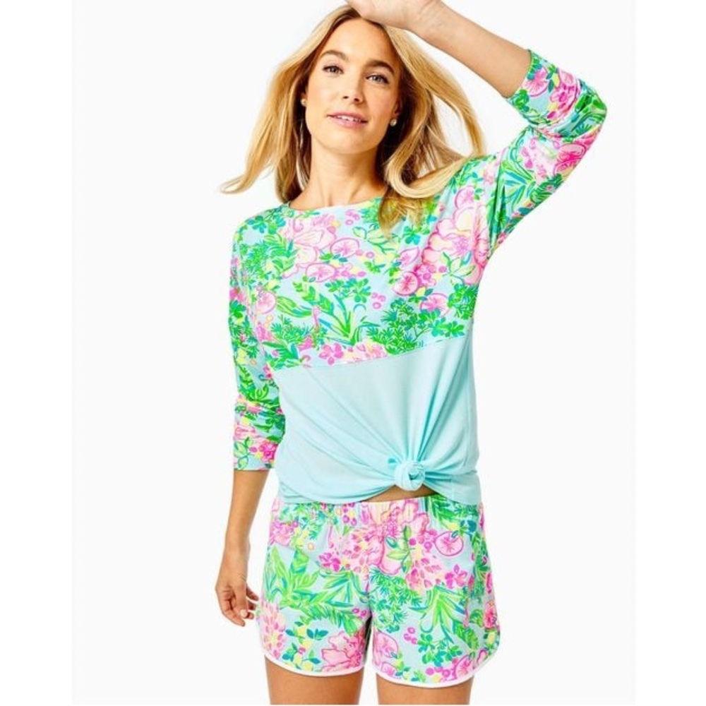 NWT Lilly Pulitzer Seasalt Blue Fruity Flamingo Knit Pajama Short M